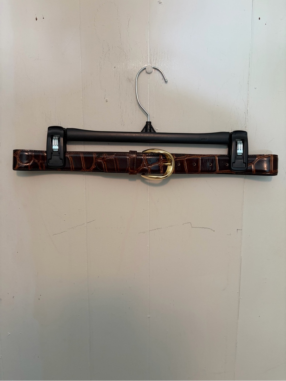 Brown Croc-Embossed Italian Leather Belt with Gold Buckle